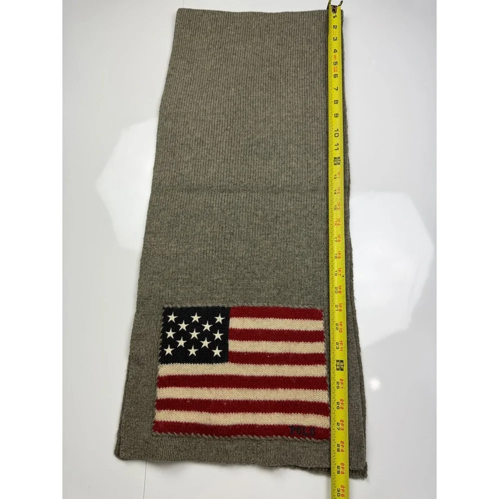 Vintage Polo Ralph Lauren USA Flag Knit Wool Scarf Gray Heather Mens Womens